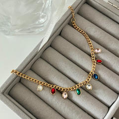 Delicate colorful cubic zircon charm cuban link chain stainless steel bracelet