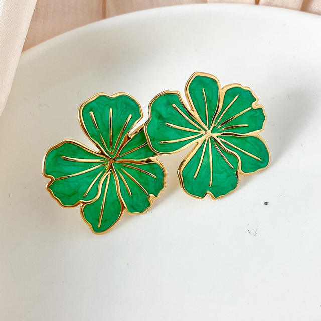 Spring green color enamel flower stainless steel studs earrings