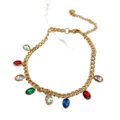 Delicate colorful cubic zircon charm cuban link chain stainless steel bracelet