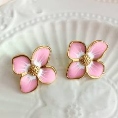 INS cute pink color flower enamel stainless steel earrings