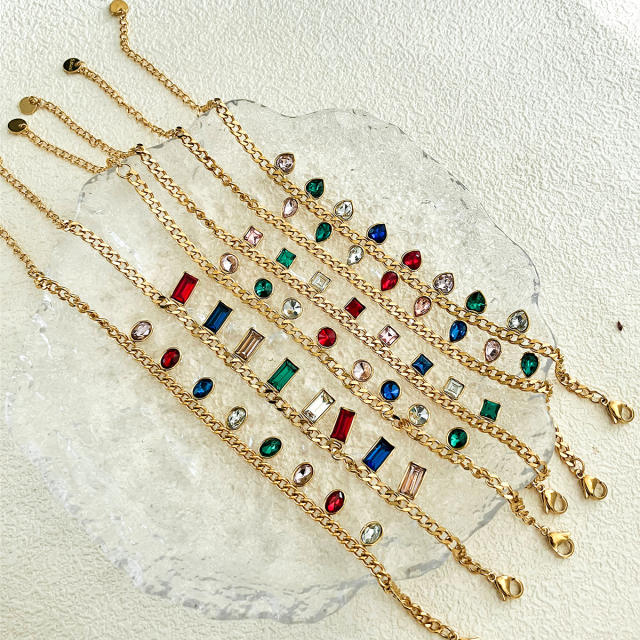 Delicate colorful cubic zircon charm cuban link chain stainless steel bracelet