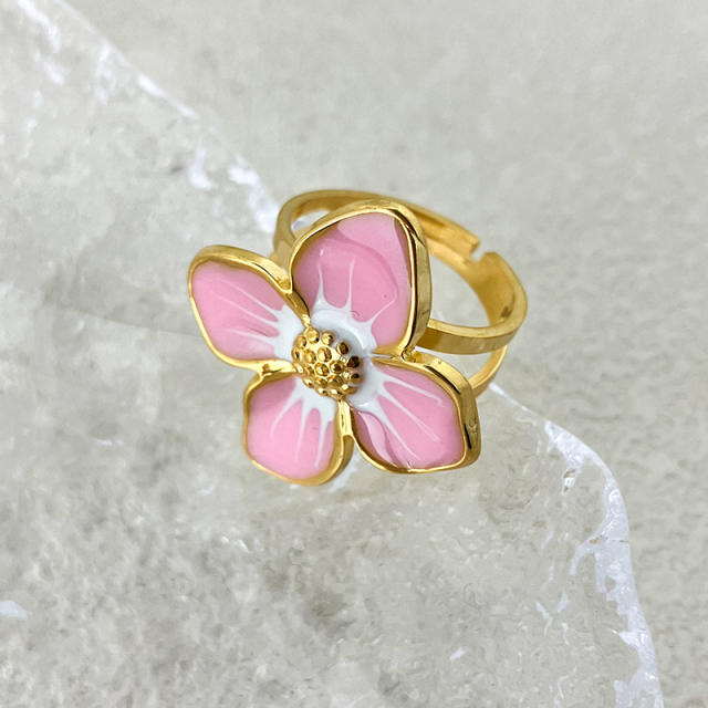 INS sweet pink color enamel blooming flower stainless steel finger rings