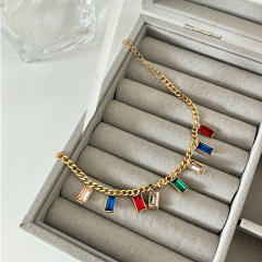 Delicate colorful cubic zircon charm cuban link chain stainless steel bracelet