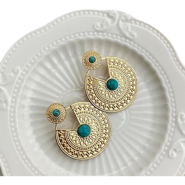 Vintage real gold plated turquoise bead pattern stainless steel earrings