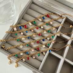 Delicate colorful cubic zircon charm cuban link chain stainless steel bracelet