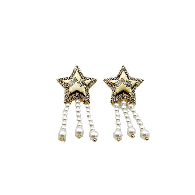 Delicate diamond star pearl chain tassel stainless steel earrings
