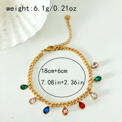 Delicate colorful cubic zircon charm cuban link chain stainless steel bracelet