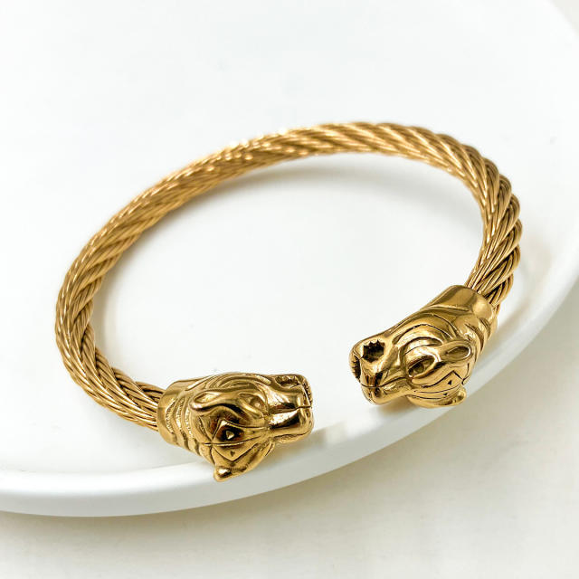 Chunky animal tiger lion design stainless steel cuff bangles