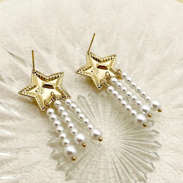 Delicate diamond star pearl chain tassel stainless steel earrings