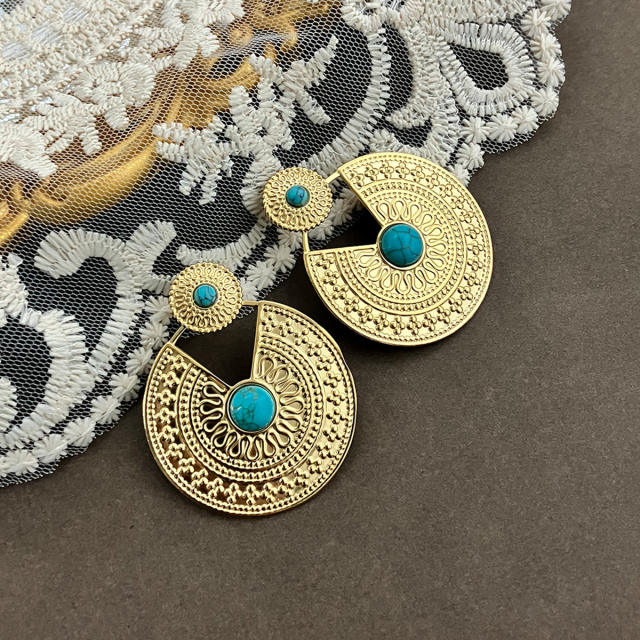 Vintage real gold plated turquoise bead pattern stainless steel earrings