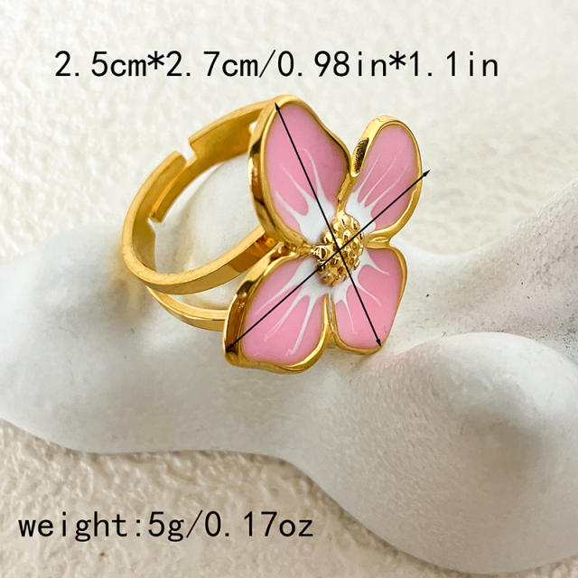 INS sweet pink color enamel blooming flower stainless steel finger rings