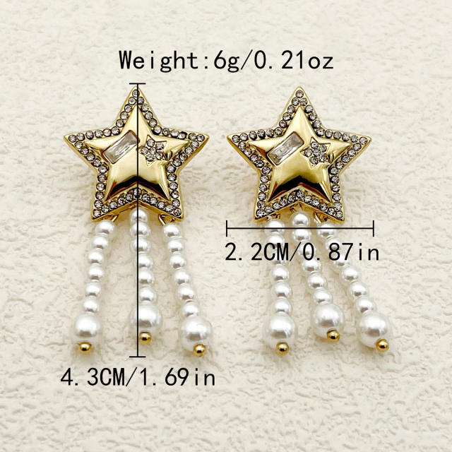 Delicate diamond star pearl chain tassel stainless steel earrings