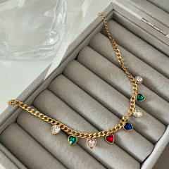 Delicate colorful cubic zircon charm cuban link chain stainless steel bracelet