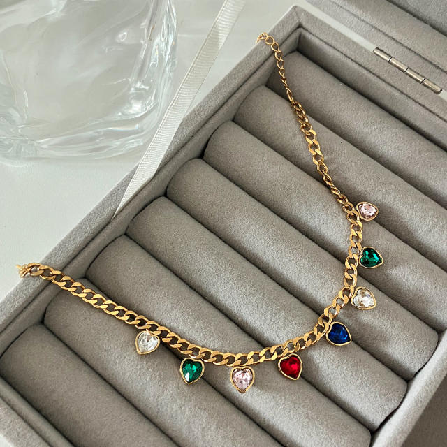 Delicate colorful cubic zircon charm cuban link chain stainless steel bracelet
