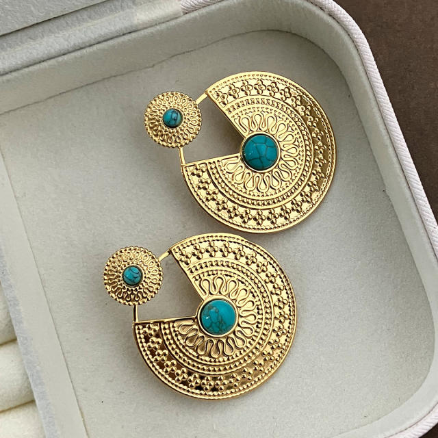 Vintage real gold plated turquoise bead pattern stainless steel earrings