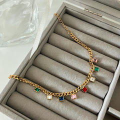 Delicate colorful cubic zircon charm cuban link chain stainless steel bracelet