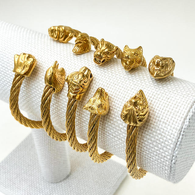 Chunky animal tiger lion design stainless steel cuff bangles