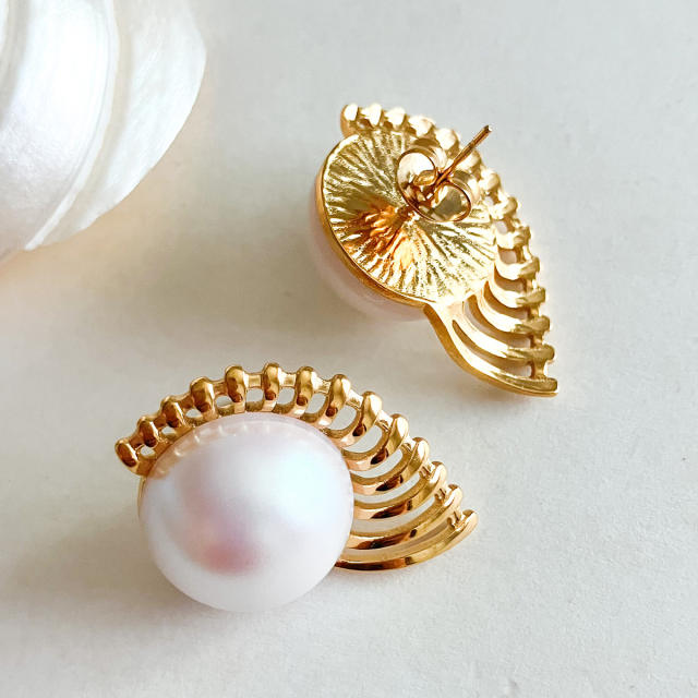 Elegant pearl bead stainless steel studs earrings for women