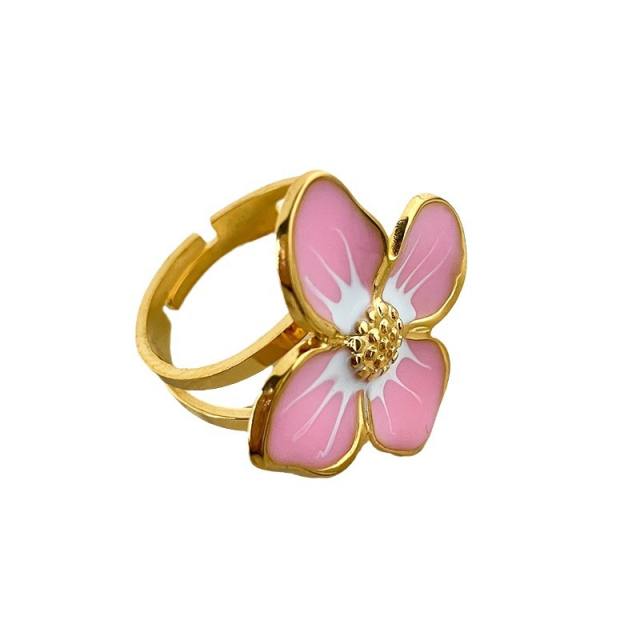 INS sweet pink color enamel blooming flower stainless steel finger rings