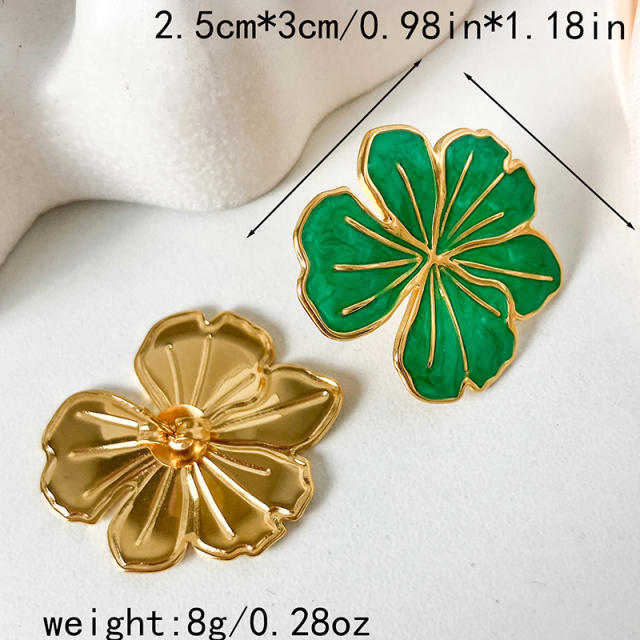 Spring green color enamel flower stainless steel studs earrings