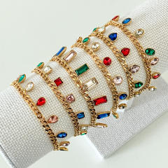 Delicate colorful cubic zircon charm cuban link chain stainless steel bracelet