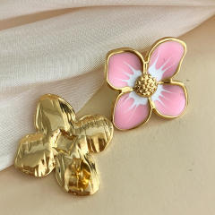 INS cute pink color flower enamel stainless steel earrings