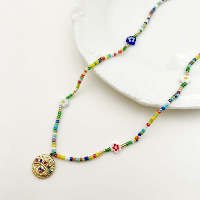Boho colorful seed bead stainless steel evil eye pendant necklace bracelet set