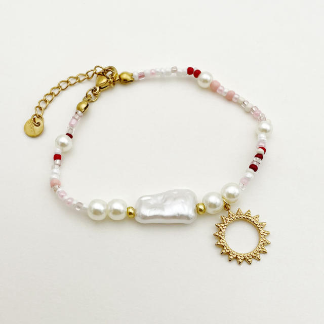 Boho pearl pink bead stainless steel sun pendant necklace bracelet set