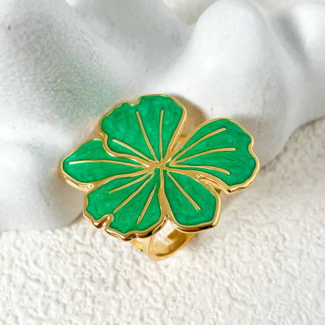 Spring green color enamel flower clover stainless steel finger rings