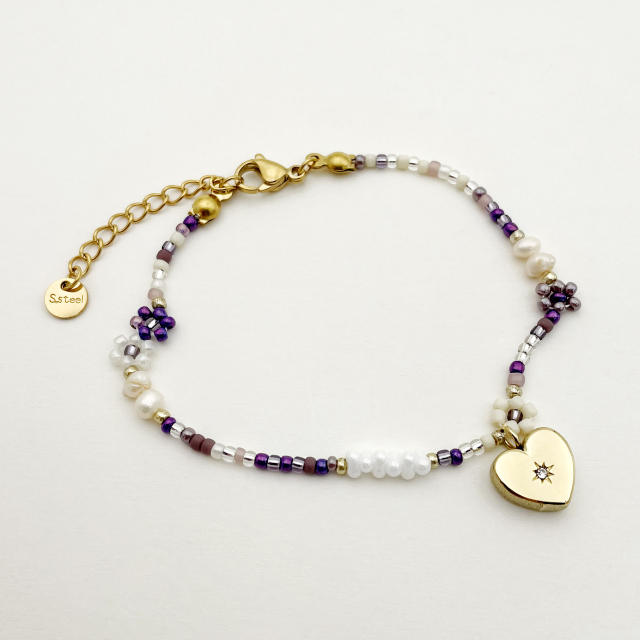 Boho natural purple pink bead stainless steel heart charm necklace bracelet set