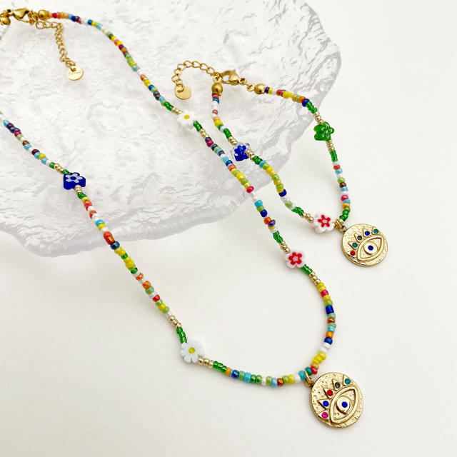 Boho colorful seed bead stainless steel evil eye pendant necklace bracelet set