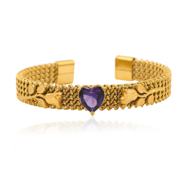 Romantic colorful cubic zircon heart rose flower stainless steel cuff bangle