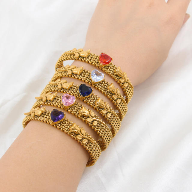 Romantic colorful cubic zircon heart rose flower stainless steel cuff bangle