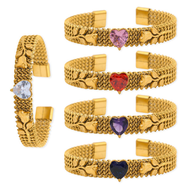 Romantic colorful cubic zircon heart rose flower stainless steel cuff bangle