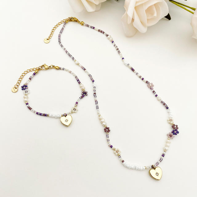 Boho natural purple pink bead stainless steel heart charm necklace bracelet set