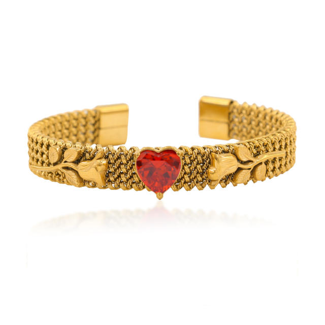 Romantic colorful cubic zircon heart rose flower stainless steel cuff bangle