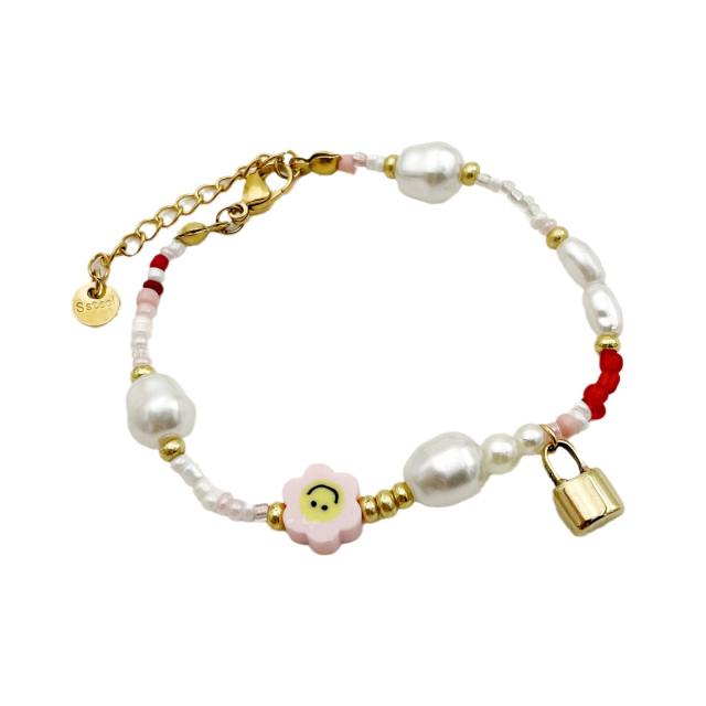 INS Sweet flower stainless steel padlock pendant necklace bracelet set