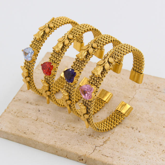 Romantic colorful cubic zircon heart rose flower stainless steel cuff bangle