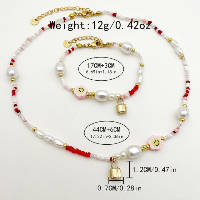 INS Sweet flower stainless steel padlock pendant necklace bracelet set