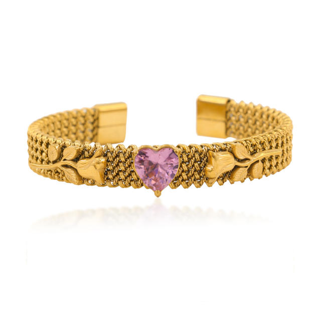 Romantic colorful cubic zircon heart rose flower stainless steel cuff bangle