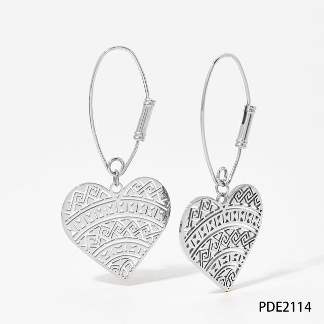 BOHO hollow out pattern heart stainless steel hoop earrings dangle earrings
