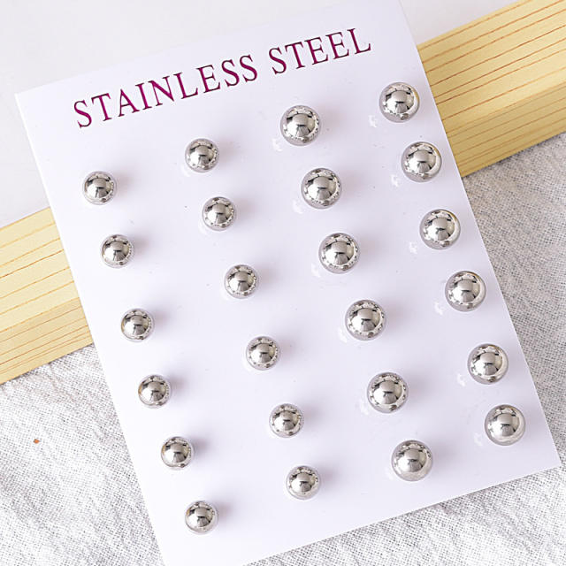 24pair/card easy match diamond star ball bead stainless steel studs earrings set