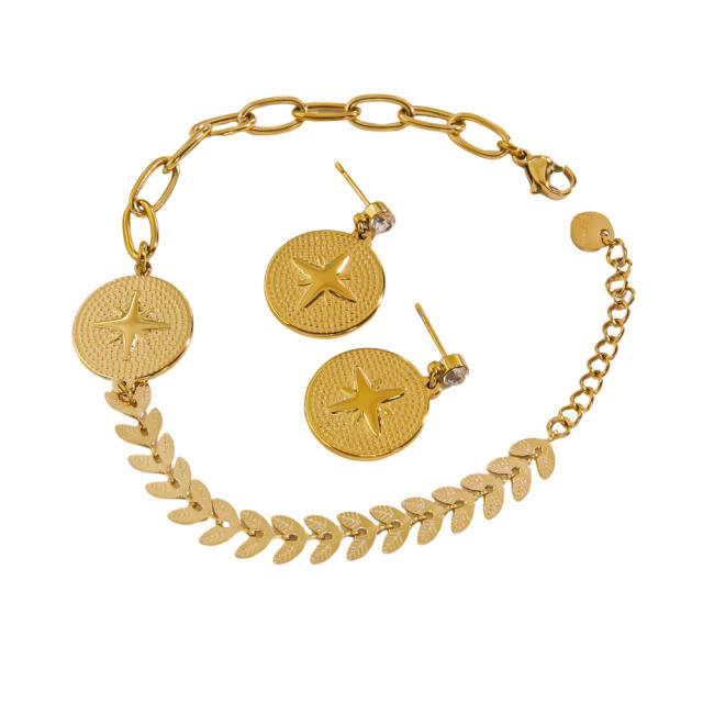 Chunky star symbol coin shape stainless steel bracelet earrings set