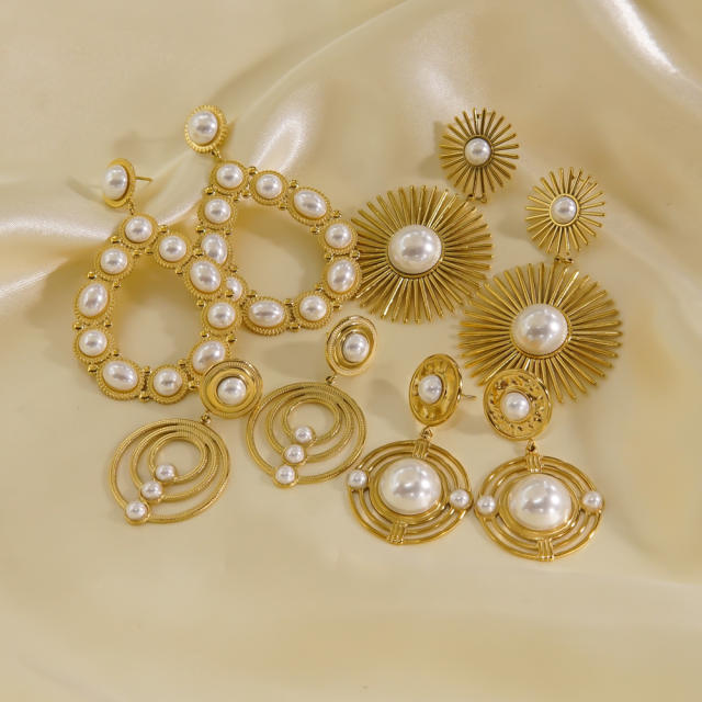 14KG Boho pearl bead drop stainless steel earrings