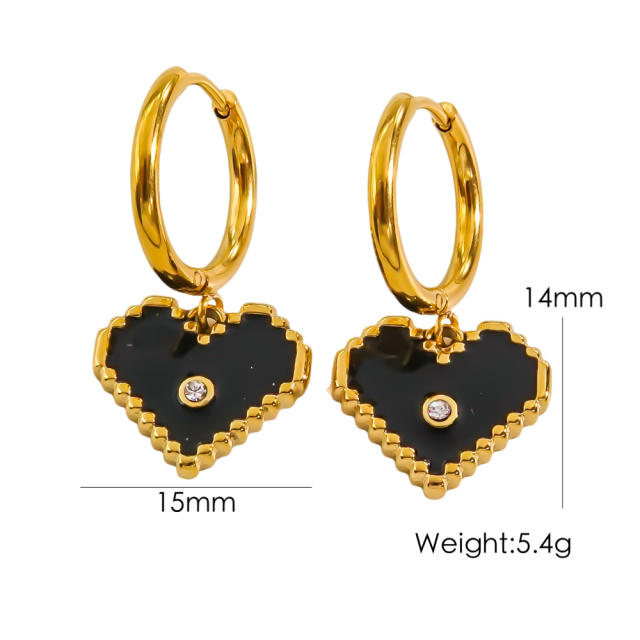 14KG sweet color enamel heart stainless steel huggie earrings