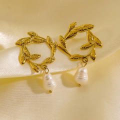 14KG flower pearl drop stainless steel earrings