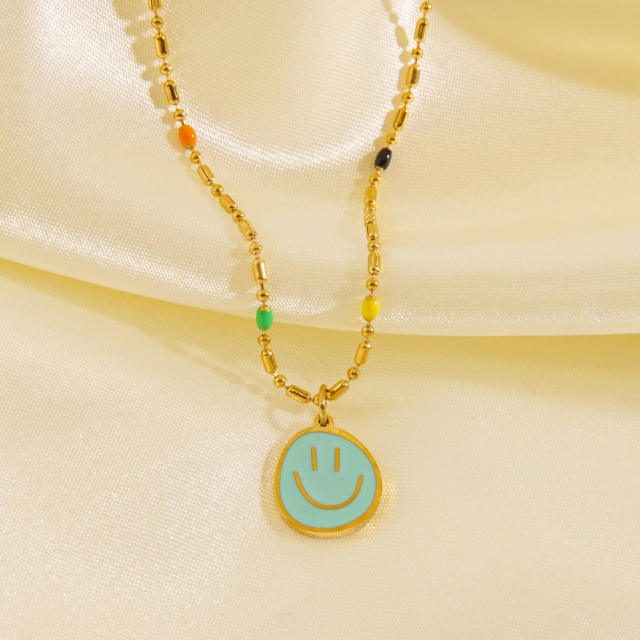 Spring color enamel smile face Balloon Dog pendant stainless steel necklace