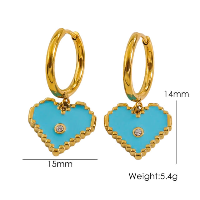 14KG sweet color enamel heart stainless steel huggie earrings