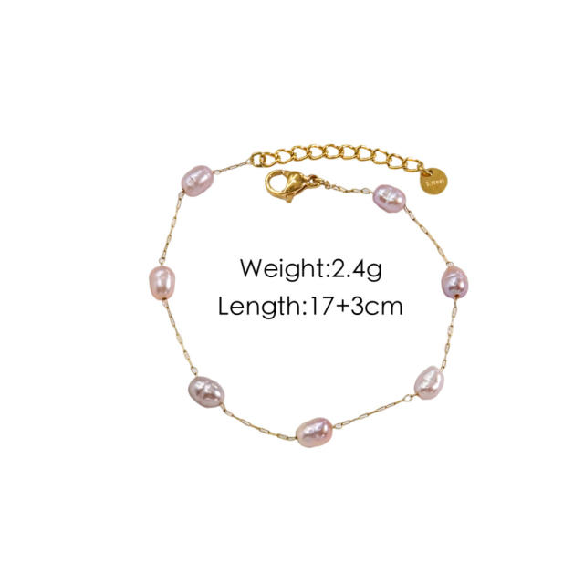 14KG sweet pink water pearl dainty stainless steel necklace bracelet anklet