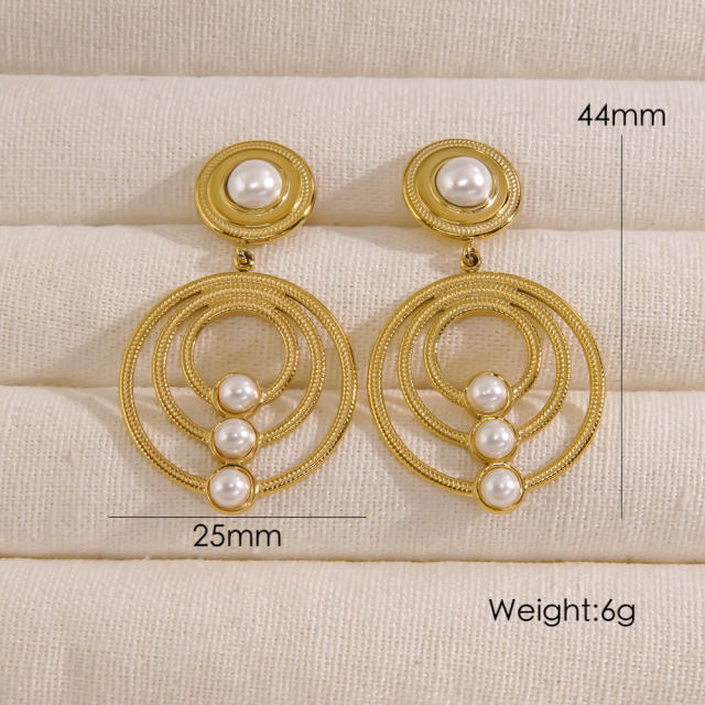 14KG Boho pearl bead drop stainless steel earrings